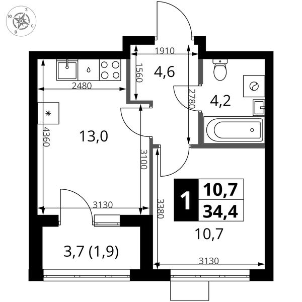 1-комн 34,4 м²