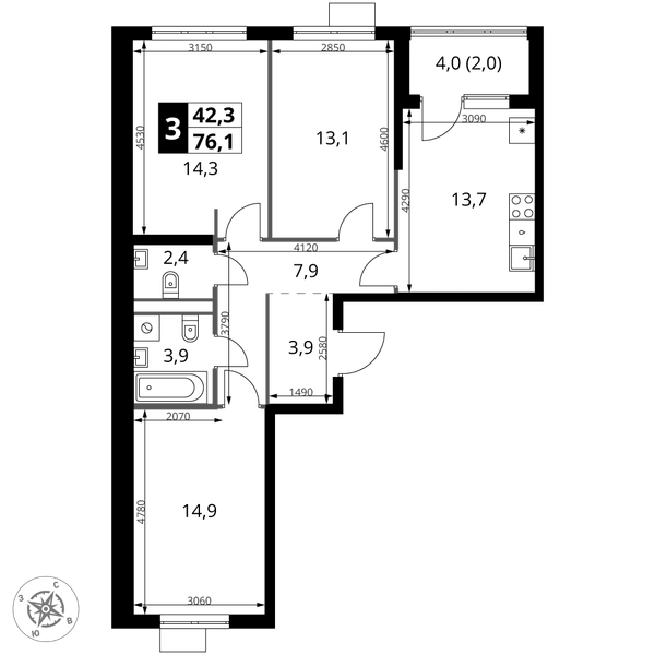 3-комн 76,1 м²
