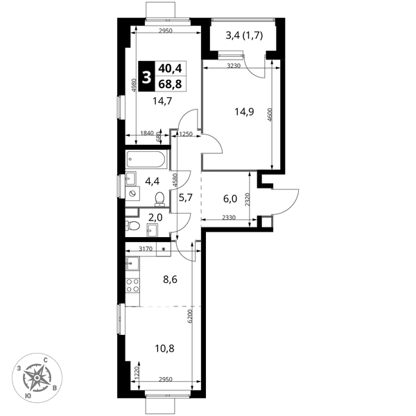 3-комн 68,8 м²