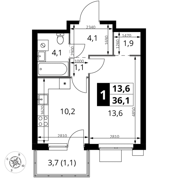 1-комн 36,1 м²
