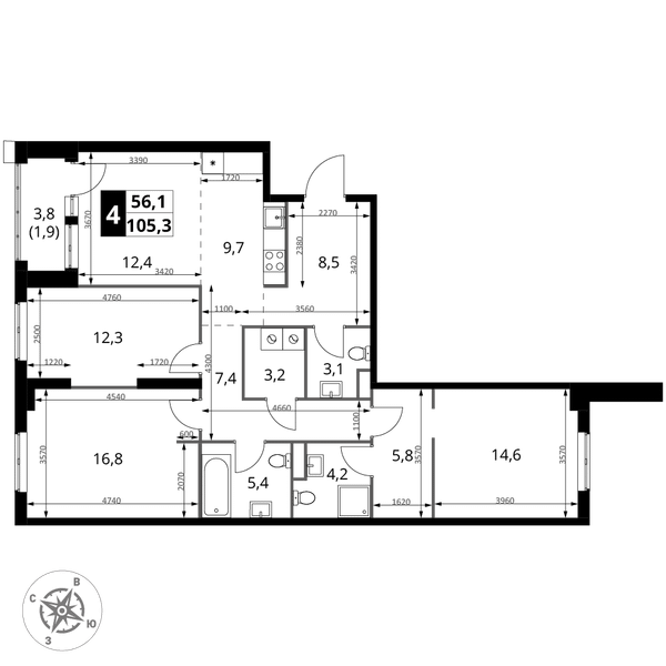 4-комн 105,3 м²