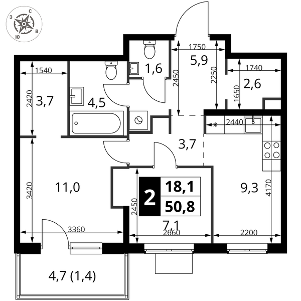 2-комн 51,5 м²