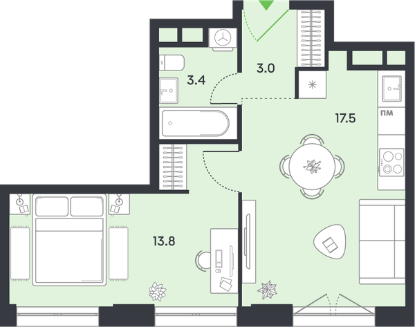 1-комн 37,7 м²