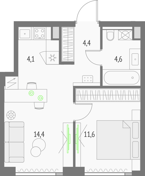 1-комн 39,3 м²